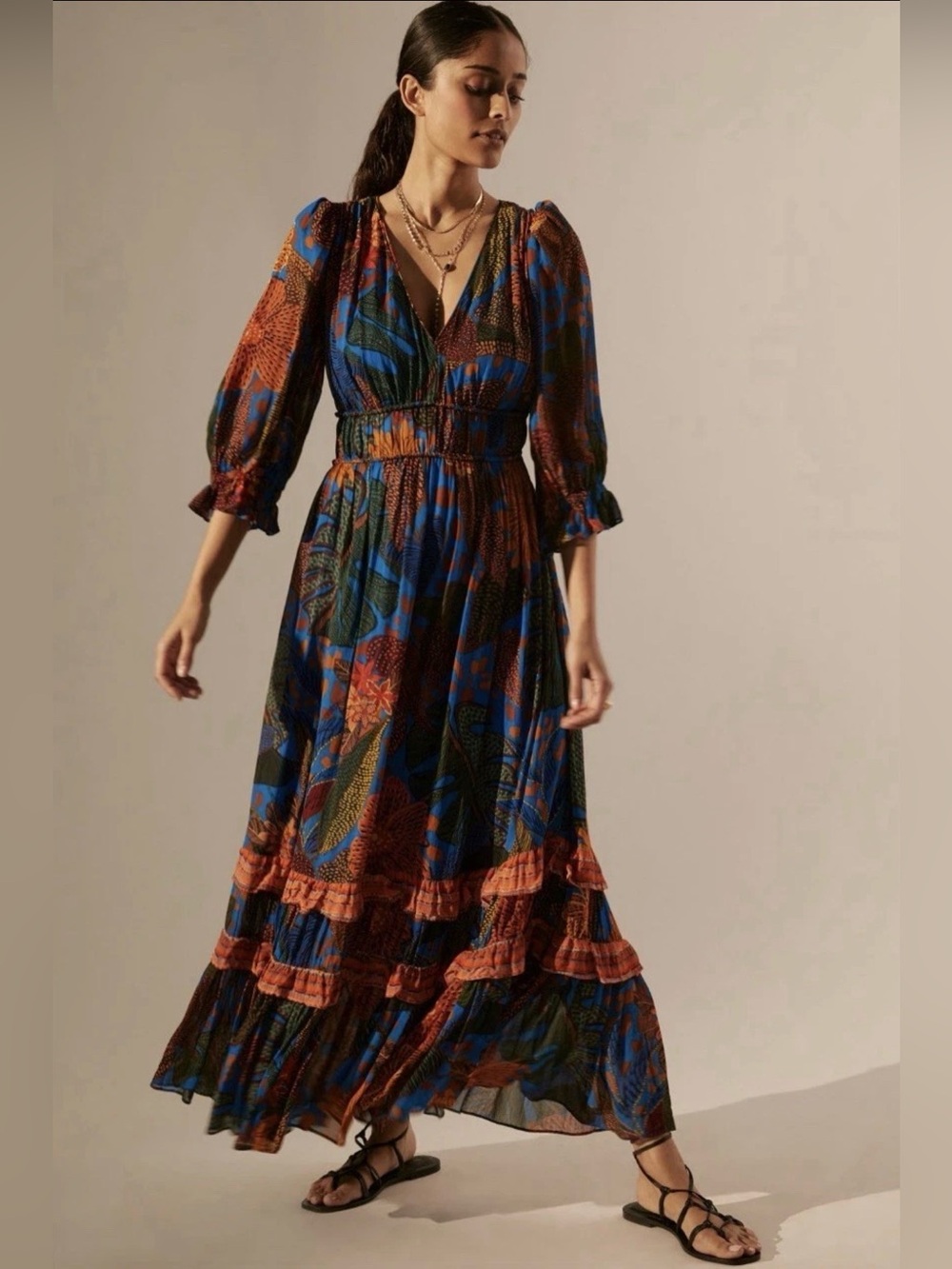 Anthropologie x Farm Rio Puff Blue Sleeve Maxi Long Bohemian Beach Dress Medium